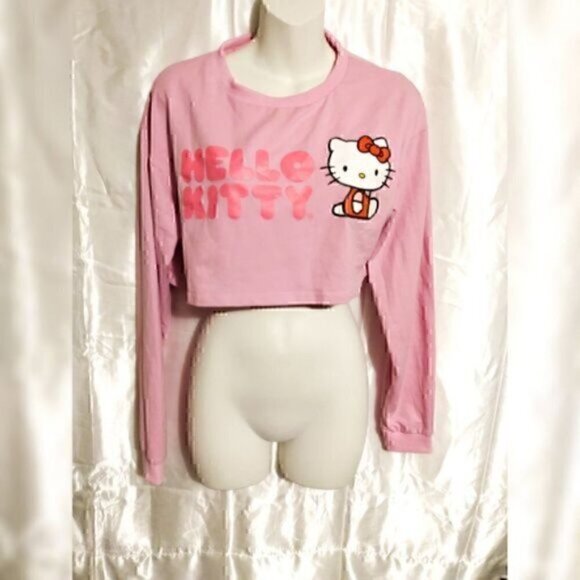 Hello Kitty Cropped Long Sleeve Pink Top Size Large - Picture 5 of 11